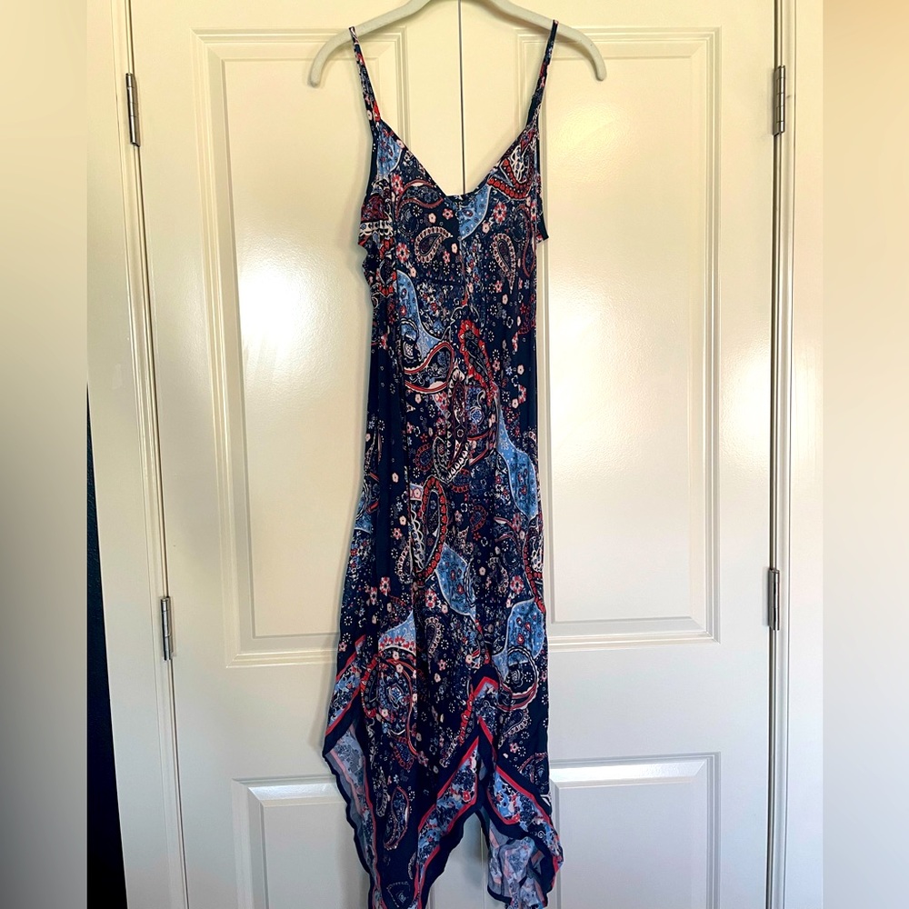 Red white and blue paisley print handkerchief hem dress